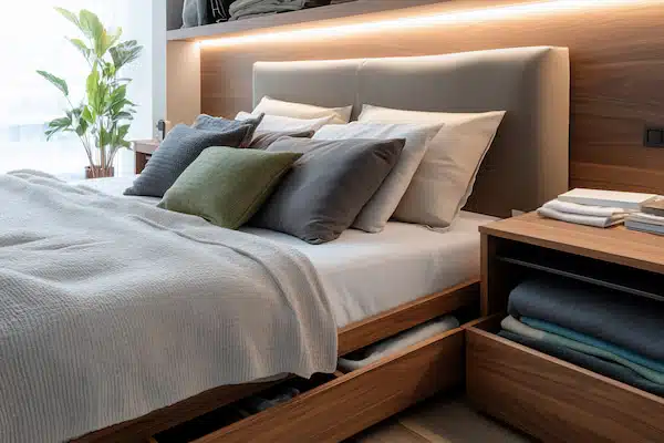 Lit deux places magnifiquement rangé éclairé par la lumière naturelle d'une fenêtre en arrière plan. Une plante à côté de la fenêtre. Le lit dispose de tiroirs de rangements pour s'organiser dans un petit espace.