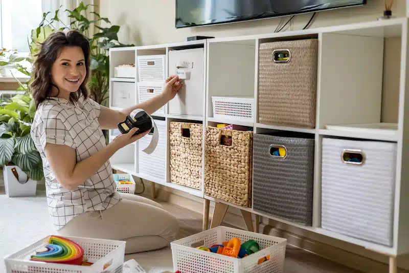 Femme souriante triant son meuble télé, avec des panières de rangement et une étiqueteuse pour une organisation optimale de ses affaires.