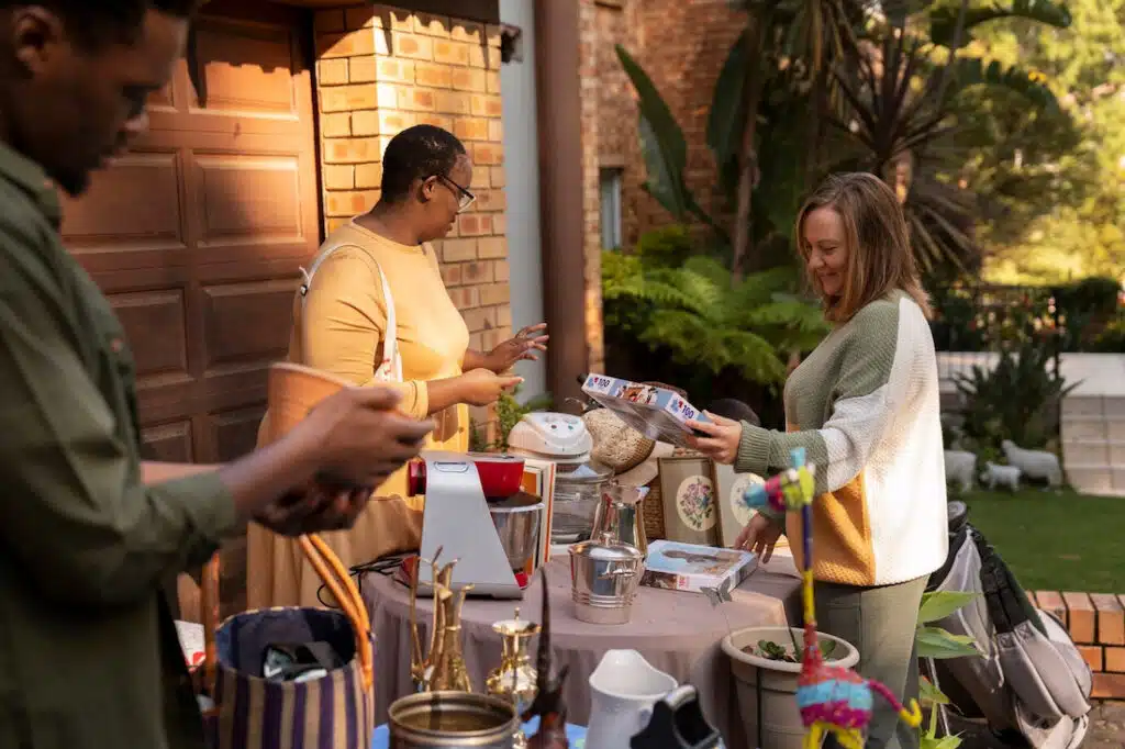 Table de brocante avec divers objets à vendre, deux femmes souriantes en arrière-plan à la recherche de bonnes affaires.