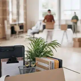 Carton avec fournitures de bureau dans les locaux d'une entreprise