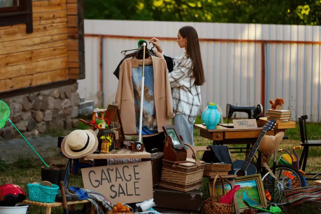 Garage encombré d'objets variés avant le tri