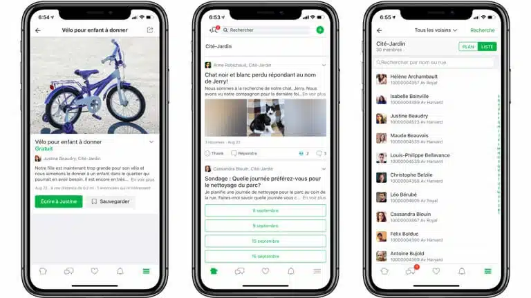 Mise en avant sur des écrans de smartphone de l'interface de l'application de déménagement Nextdoor.