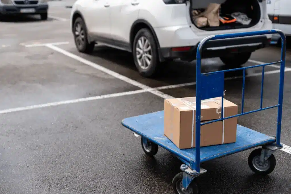 Chariot avec carton sur un parking pour déménager sans ascenseur.