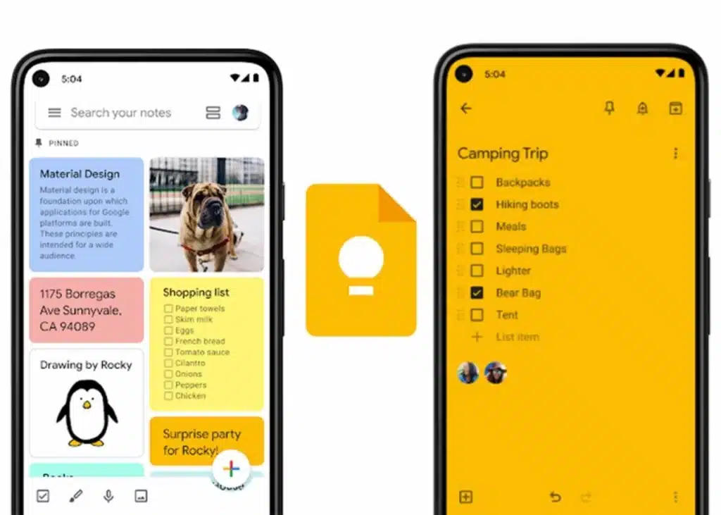 Mise en avant sur des écrans de smartphone de l'interface de l'application de déménagement Google Keep.