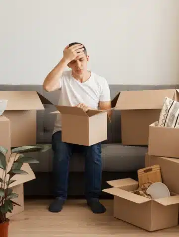Homme entrain de aire ses cratons de déménagement sur son canapé entouré de carton