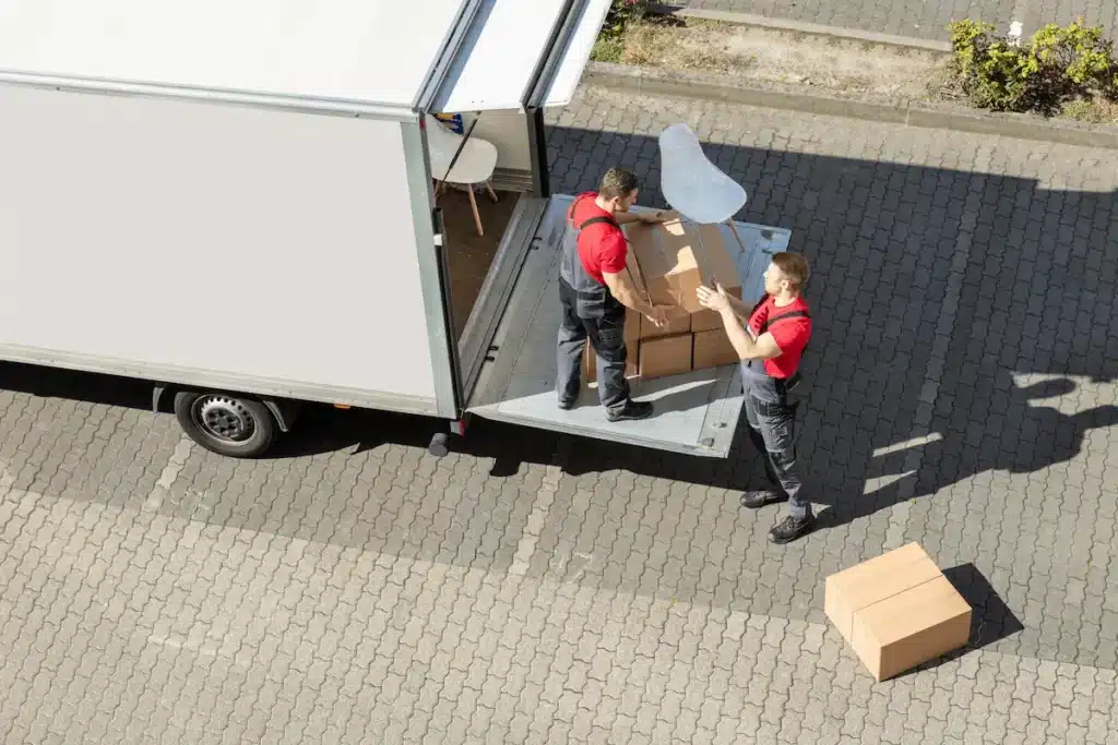 Camion de déménagement stationné en extérieur, avec deux professionnels entrain de décharger les cartons sur la plateforme de déchargement du camion.