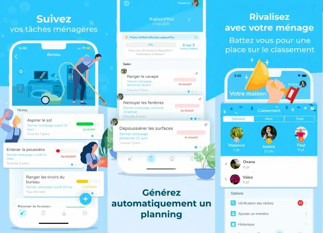 Mise en avant sur des écrans de smartphone de l'interface de Sweepy.