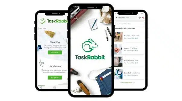 Mise en avant sur des écrans de téléphone de l'interface de l'application de déménagement TaskRabbit.