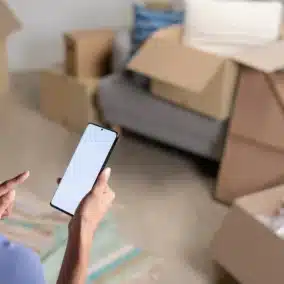 Dame de profil smartphone en main, qui utilise son téléphone supposons donc une application qui permet de faciliter son déménagement. En arrière plan des cartons de déménagement.