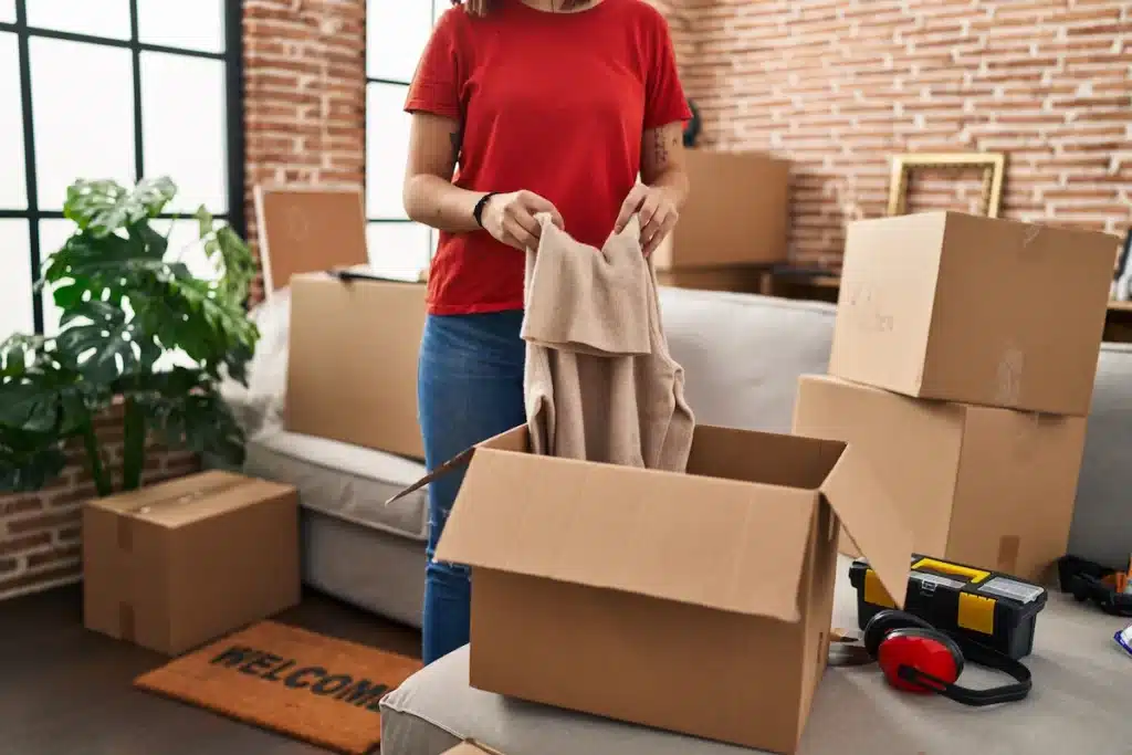 Jeune femme entrain d'emballer ses affaires dans des cartons de déménagement