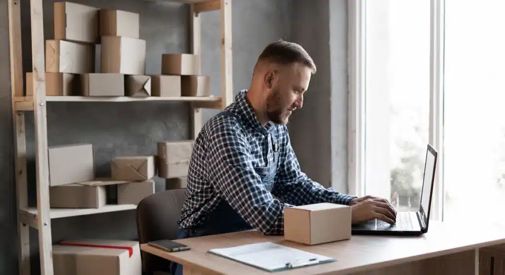 Un homme qui travail sur son ordinateur installé sur un bureau, avec dans le fond une étagère sur laquelle sont disposés des cartons. 