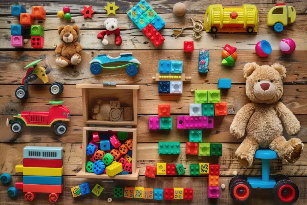 Jouets d'enfant (peluche, legos, voiturettes…) disposés sur un sol en bois. 