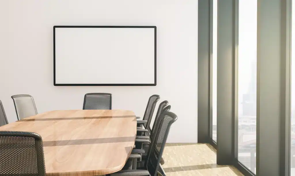 Salle de réunion avec une table ronde, des chaises et un écran de projection.