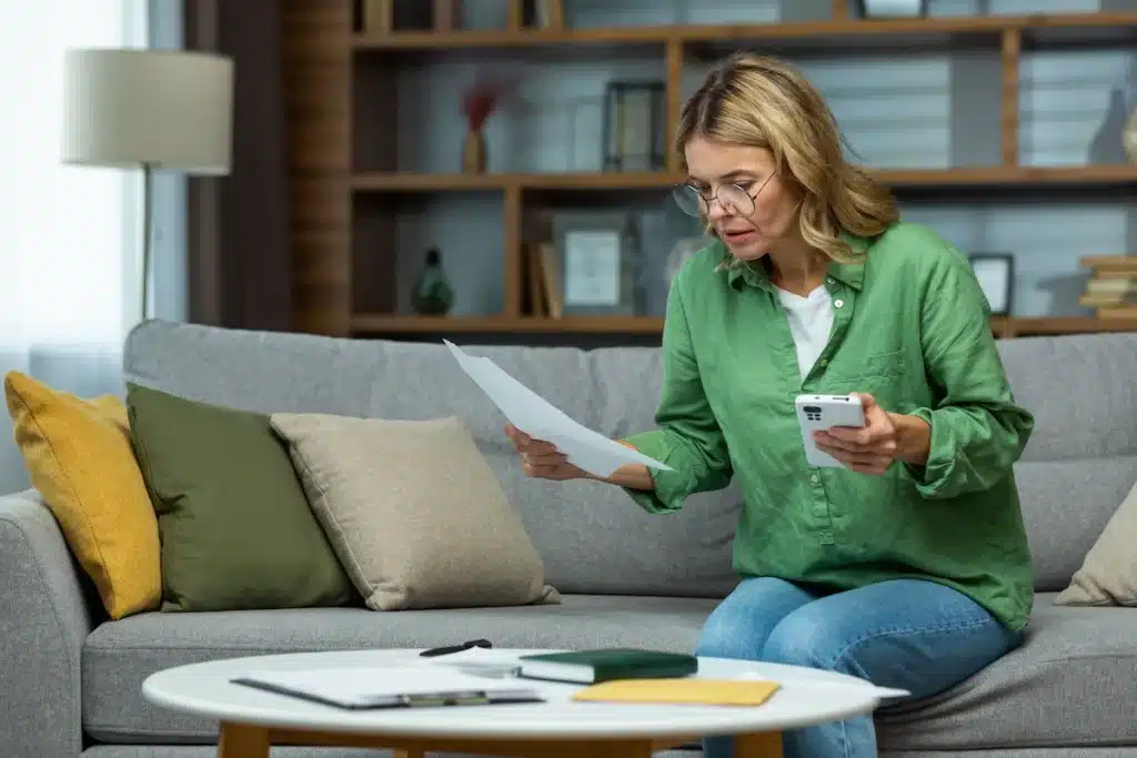 Femme assise sur un canapé entrain de gérer des documents administratifs, pour illustrer le fait de développer son activité professionnelle grâce au self-stockage.