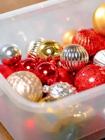 Un boite en plastique avec des boules de noel rangés