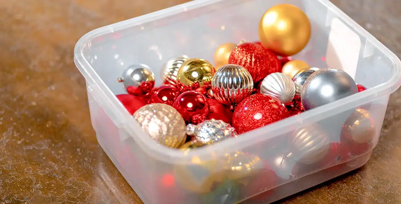 Un boite en plastique avec des boules de noel rangés