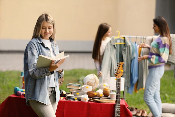 Femme lisant un livre au premier plan, devant une table de brocante avec une guitare, des livres, une globe terrestre et des objets de cuisine. En arrière-plan, deux femmes discutent devant un portant de vestes.