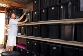 Homme qui stocke ses affaires dans une cave humide, grâce à des bacs de stockage