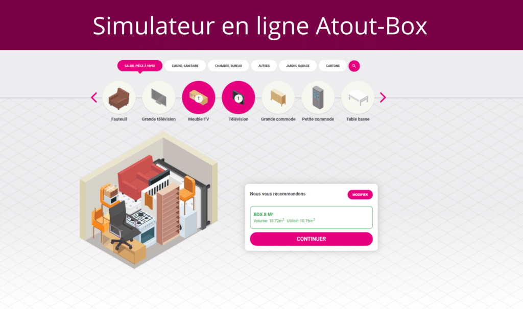Simulateur en ligne Atout-Box : tout ce que l'on peut stocker dans un garde-meuble de 20m3.