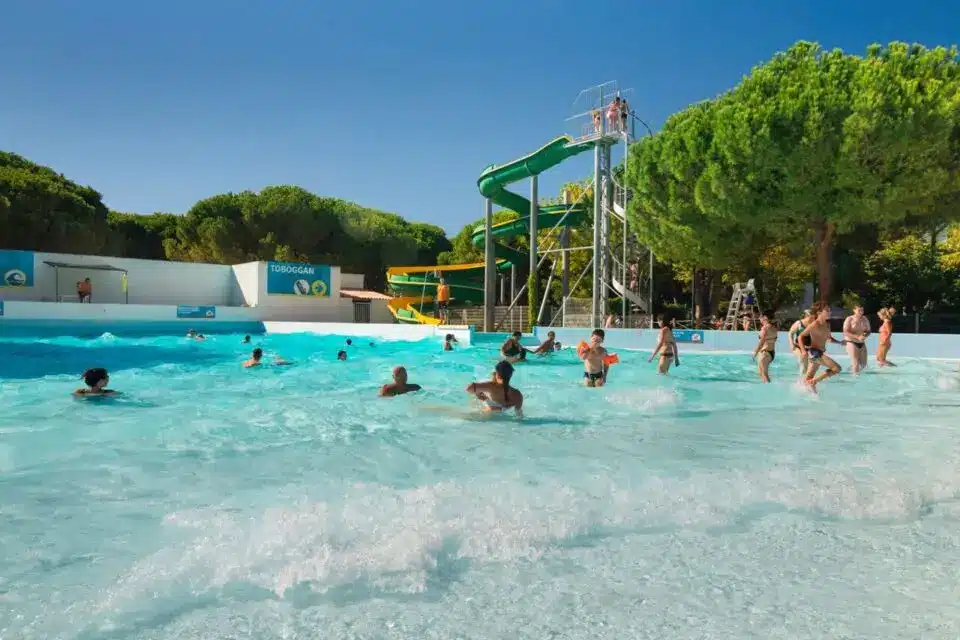 Photo de l'Espace Grand Bleu de la Grande-Motte : une piscine à vague avec des tobogans entourée de pins.