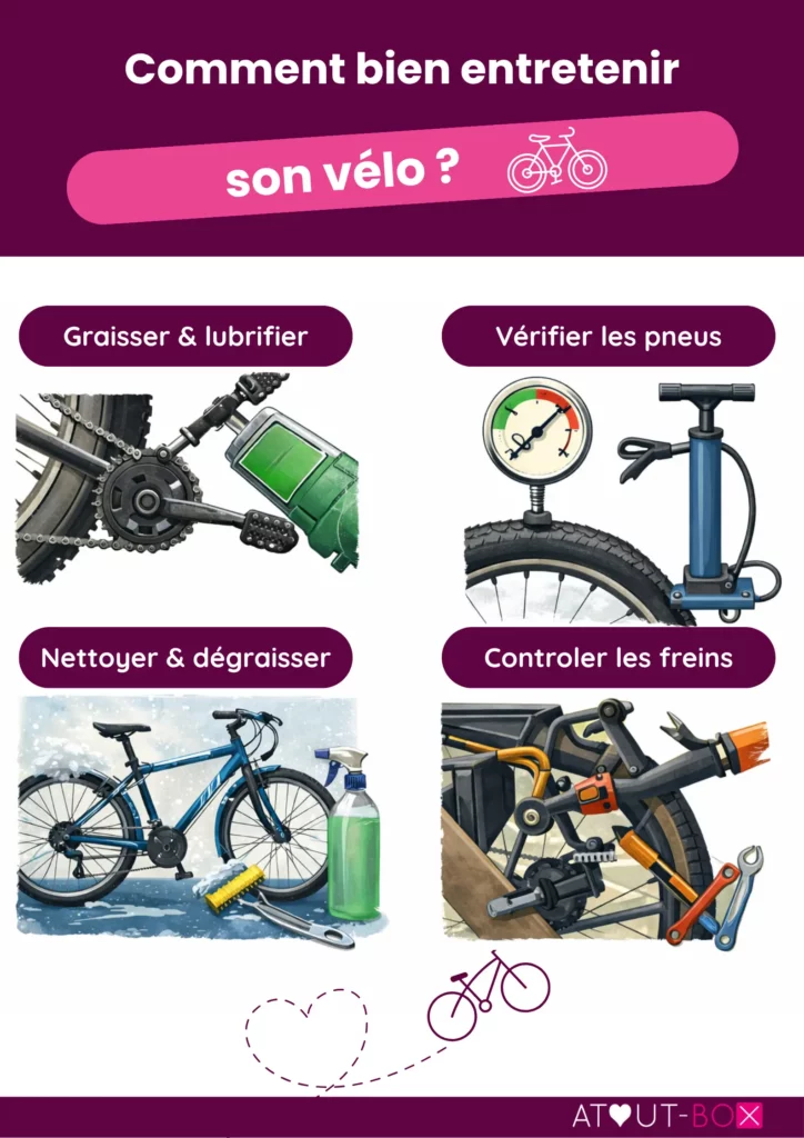 Infographie montrant les bonnes pratiques pour entretenir son vélo