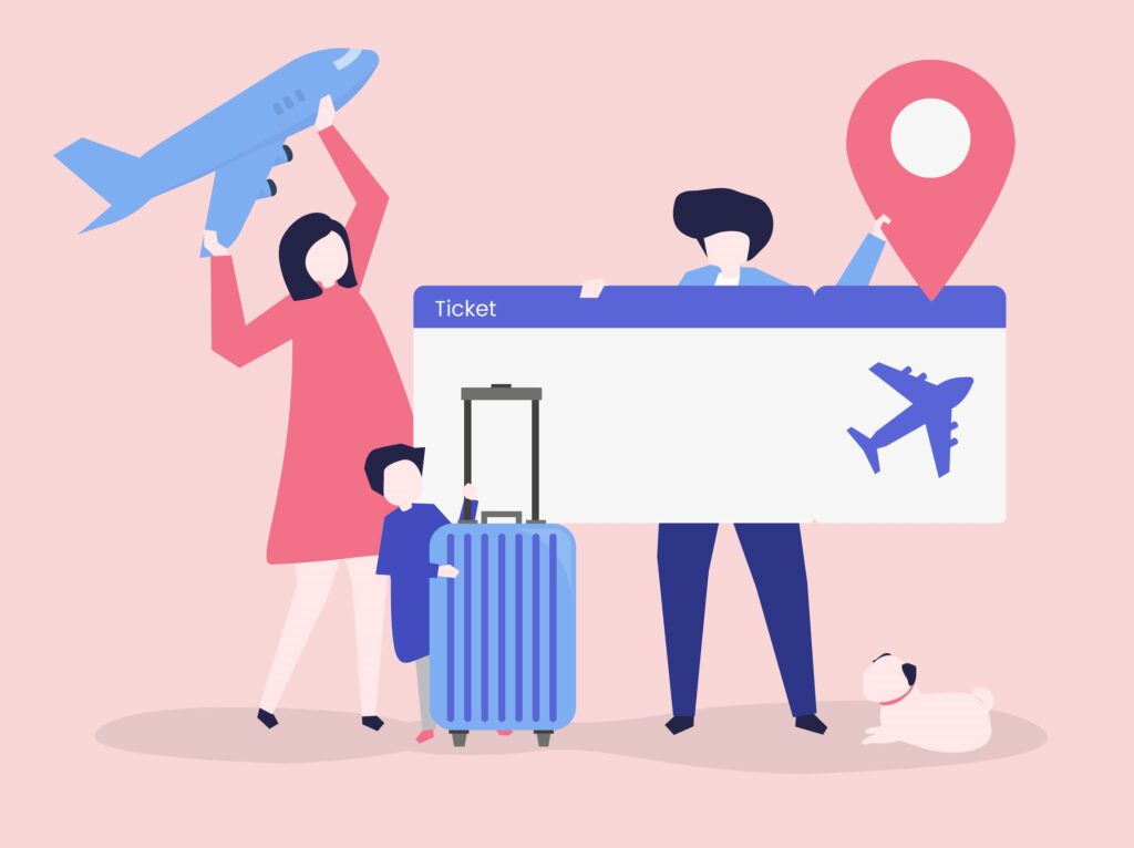 Illustration du voyage avec 3 personnes, un avion, un ticket de l'aéroport et une valise