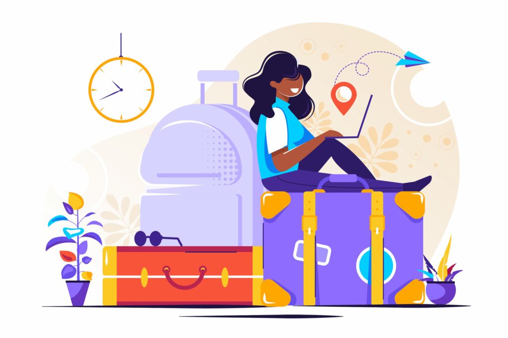 Illustration d'une femme sur ses valises réfléchissant ou elle compte partir en vacances