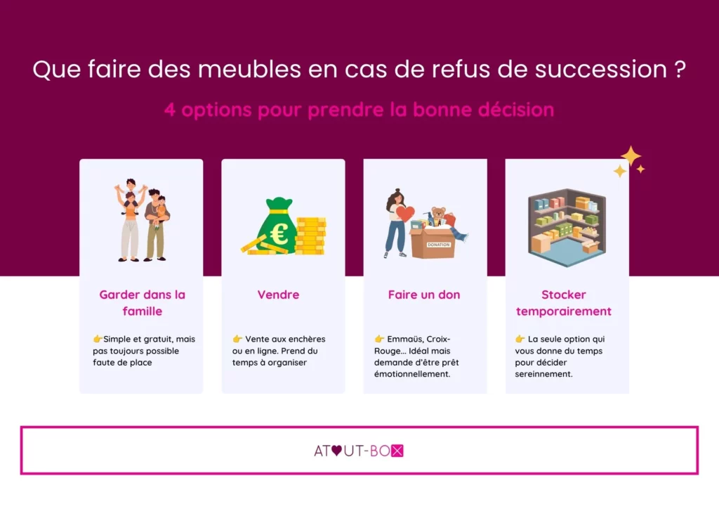 Infograhie montrant les différentes solutions pour les meubles en cas de refus de succession