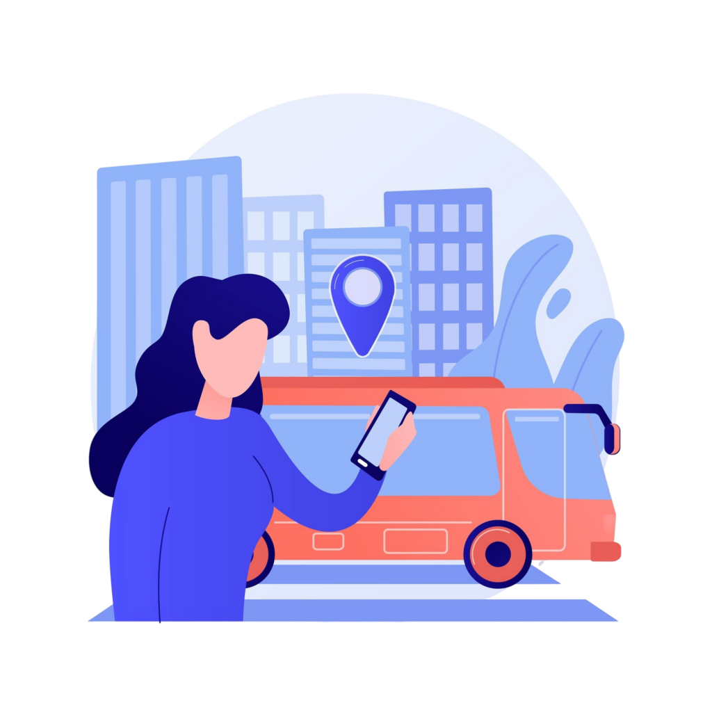 Illustration d'une femme à côté d'un bus cherchant des transports