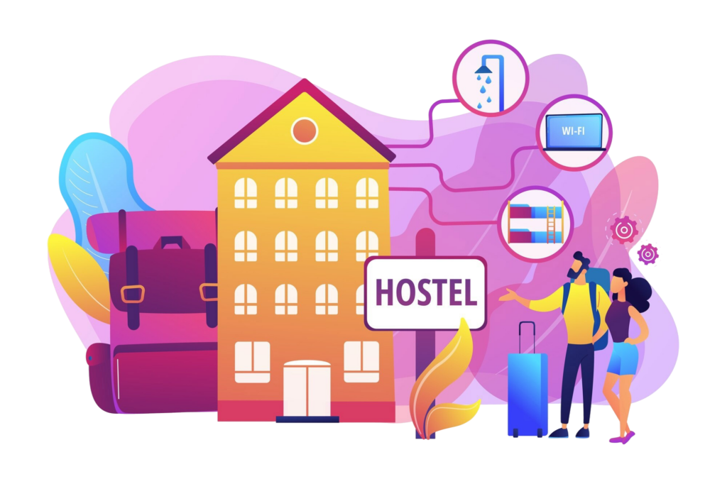 Illustration d'un hostel avec deux personnes y allant