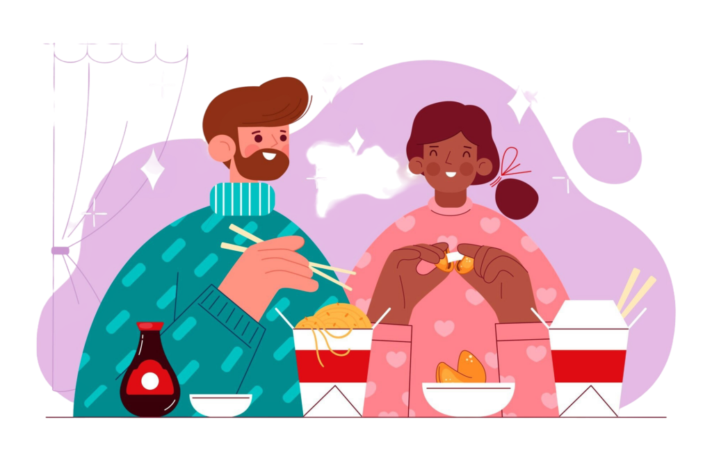Illustration de deux personnes mangeant local