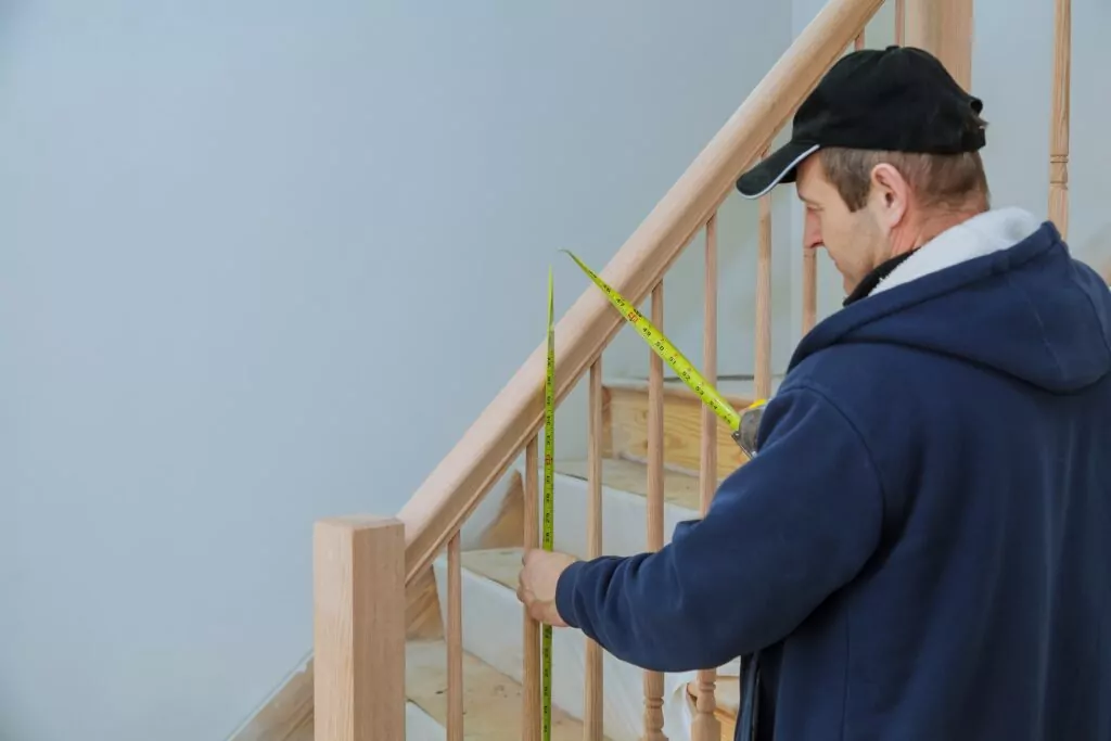 un monsieur qui mesure la hauteur de ces escaliers avec un mètre 