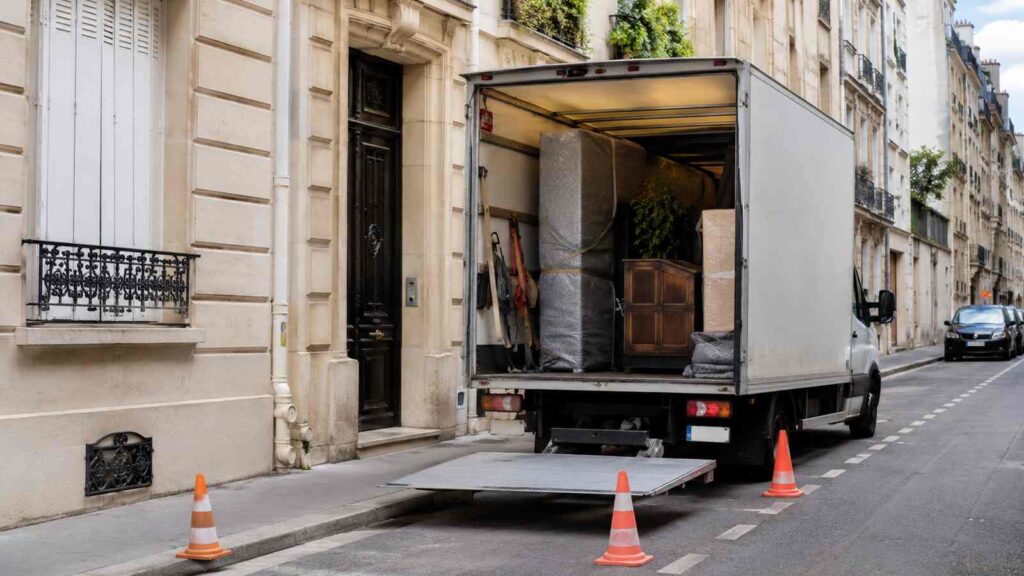 Camion de déménagement avec hayon abaissé et cônes de signalisation délimitant l’emplacement réservé