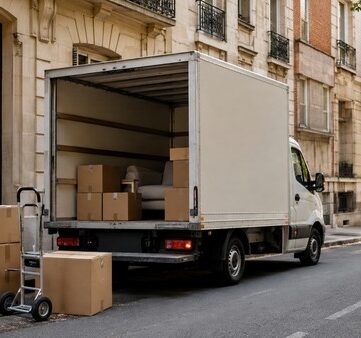 Camion de déménagement chargé, stationné le long d’un immeuble
