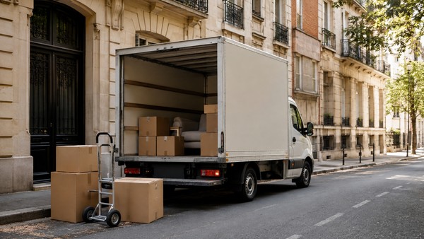 Camion de déménagement chargé, stationné le long d’un immeuble