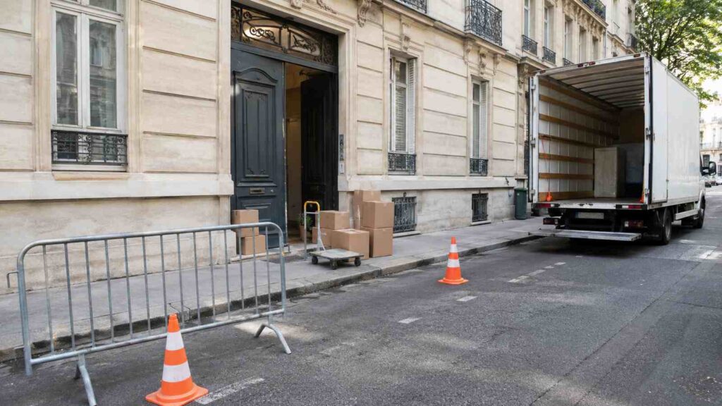 Emplacement de stationnement réservé pour un déménagement, délimité par une barrière et des cônes