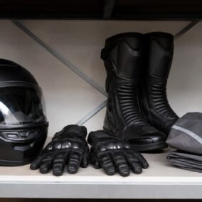 Casque, gants, bottes et blouson de moto rangés sur une étagère