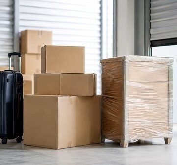 Valise et cartons déposés à l’entrée d’un box de stockage pendant une mutation professionnelle
