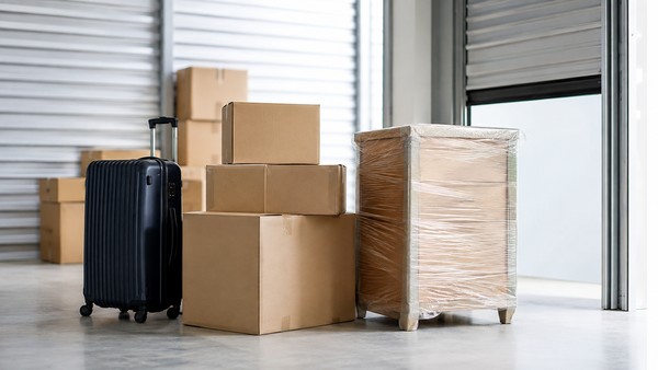 Valise et cartons déposés à l’entrée d’un box de stockage pendant une mutation professionnelle
