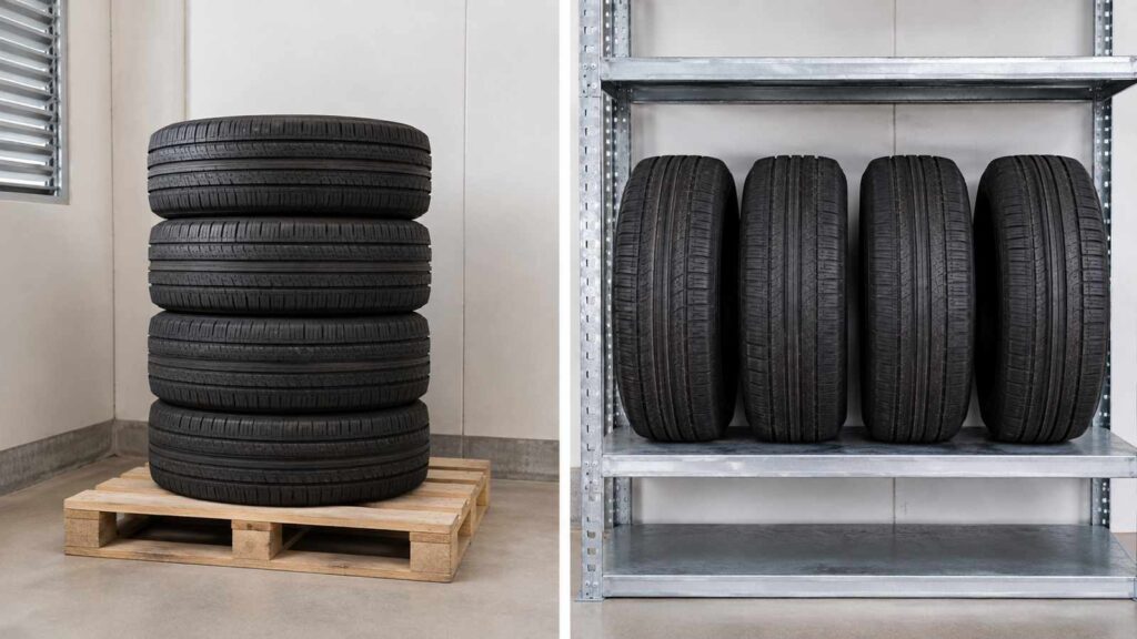 Comparaison entre quatre pneus empilés à plat sur une palette et quatre pneus rangés debout sur une étagère