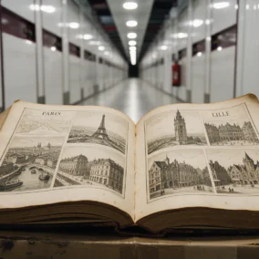 Photo d'un garde-meuble Atout-Box avec un livre en premier plan indiquant les villes de Paris et de Lille