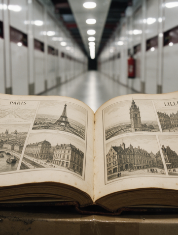 Photo d'un garde-meuble Atout-Box avec un livre en premier plan indiquant les villes de Paris et de Lille