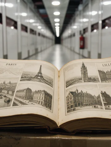 Photo d'un garde-meuble Atout-Box avec un livre en premier plan indiquant les villes de Paris et de Lille