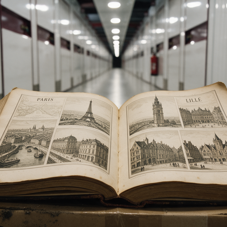 Photo d'un garde-meuble Atout-Box avec un livre en premier plan indiquant les villes de Paris et de Lille
